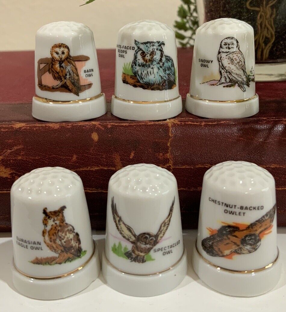 Vtg MSR Taiwan Porcelain Thimble Set Of 6 NOS Original Box Owl Bird Owls ￼