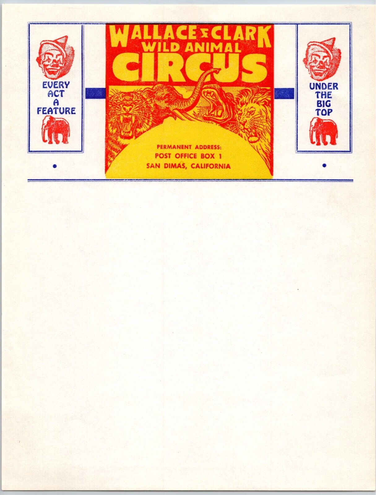 Wallace & Clark Wild Animal Circus Letterhead c1961 San Dimas Scarce