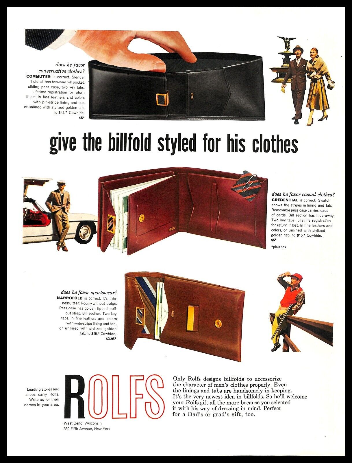 1957 Rolfs Billfolds Vintage PRINT AD Men\'s Wallets Leather Accessories Gift