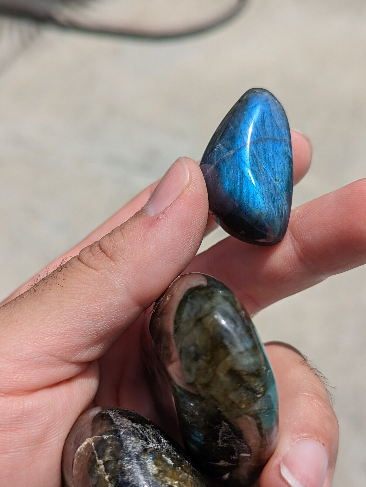 Three Polished Blue Purple Flash Natural Labradorite Palm Stone Crystal Quartz