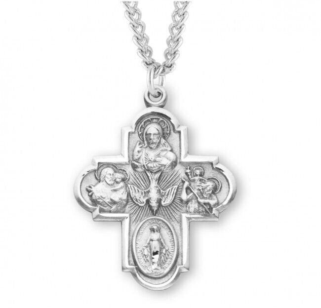 Sterling Silver 4-Way Medal 1.4 Inch x 1.1 Inch Catholic Medal Pendant Necklace