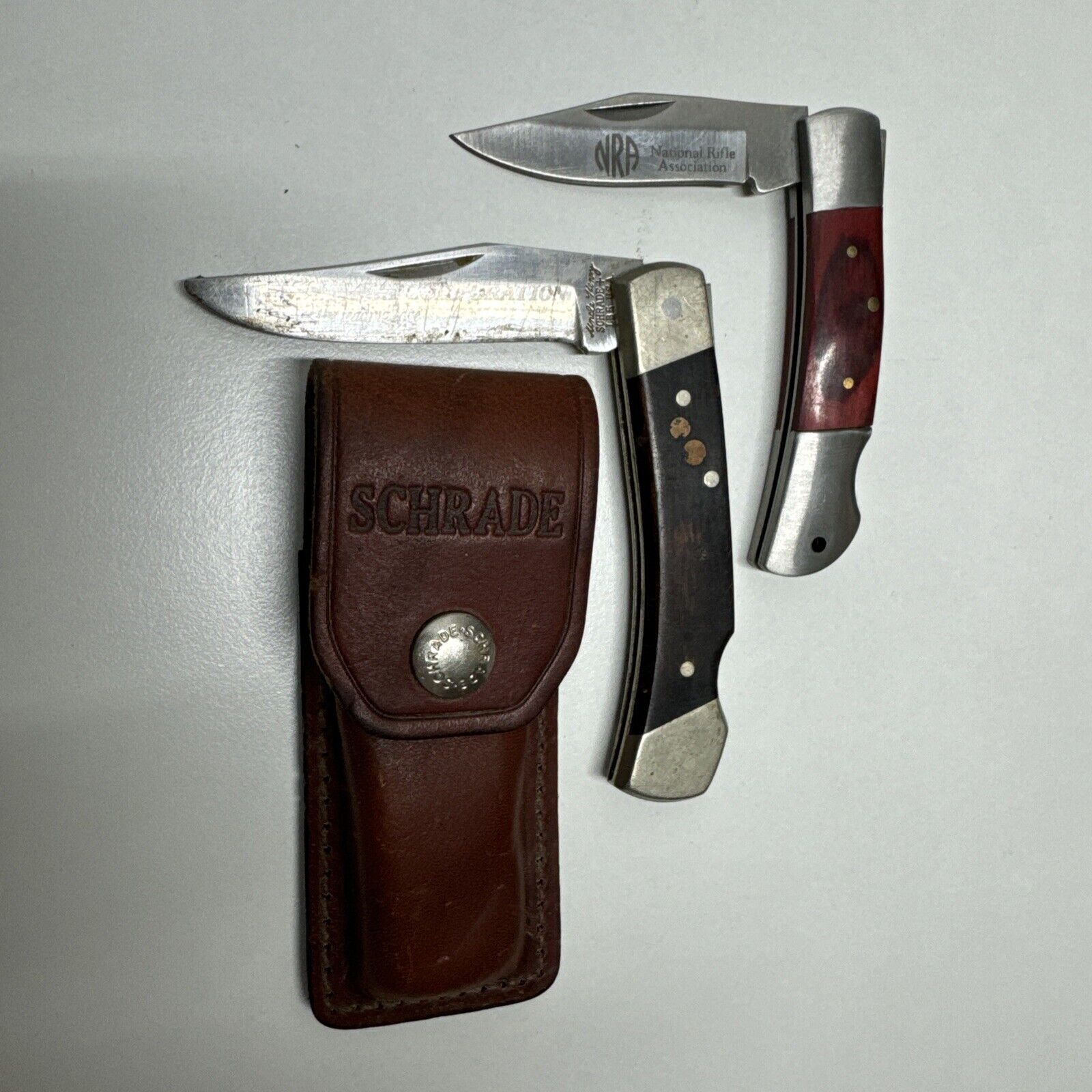 Vintage Schrade LB5 USA Folding Knife Lock Back With Case And NRA Folding Knife