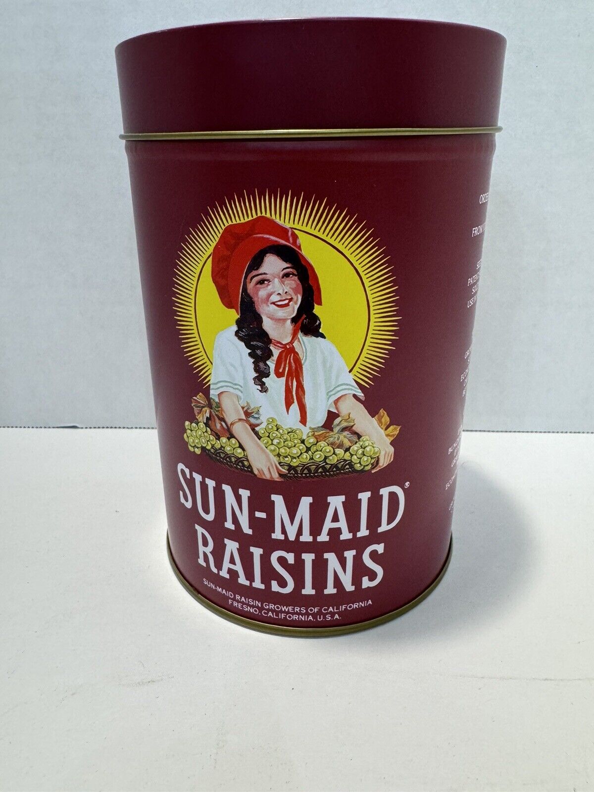 Vintage Sun Maid Raisins Round Tin with Lid 1992 Tin Box Company Red