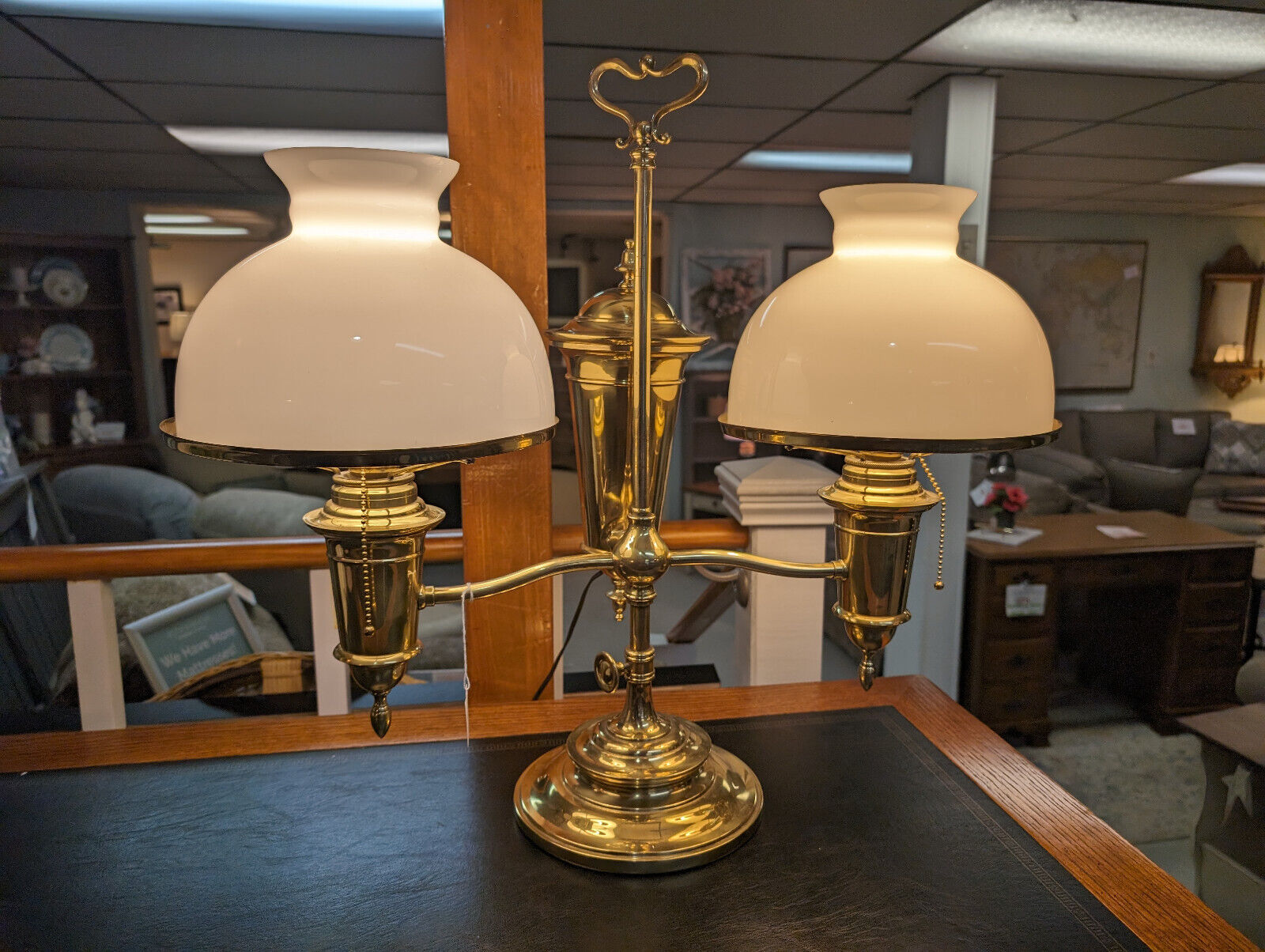 Vint Antique Manhattan Brass Double Arm Student Desk Lamp w Shades, Electric