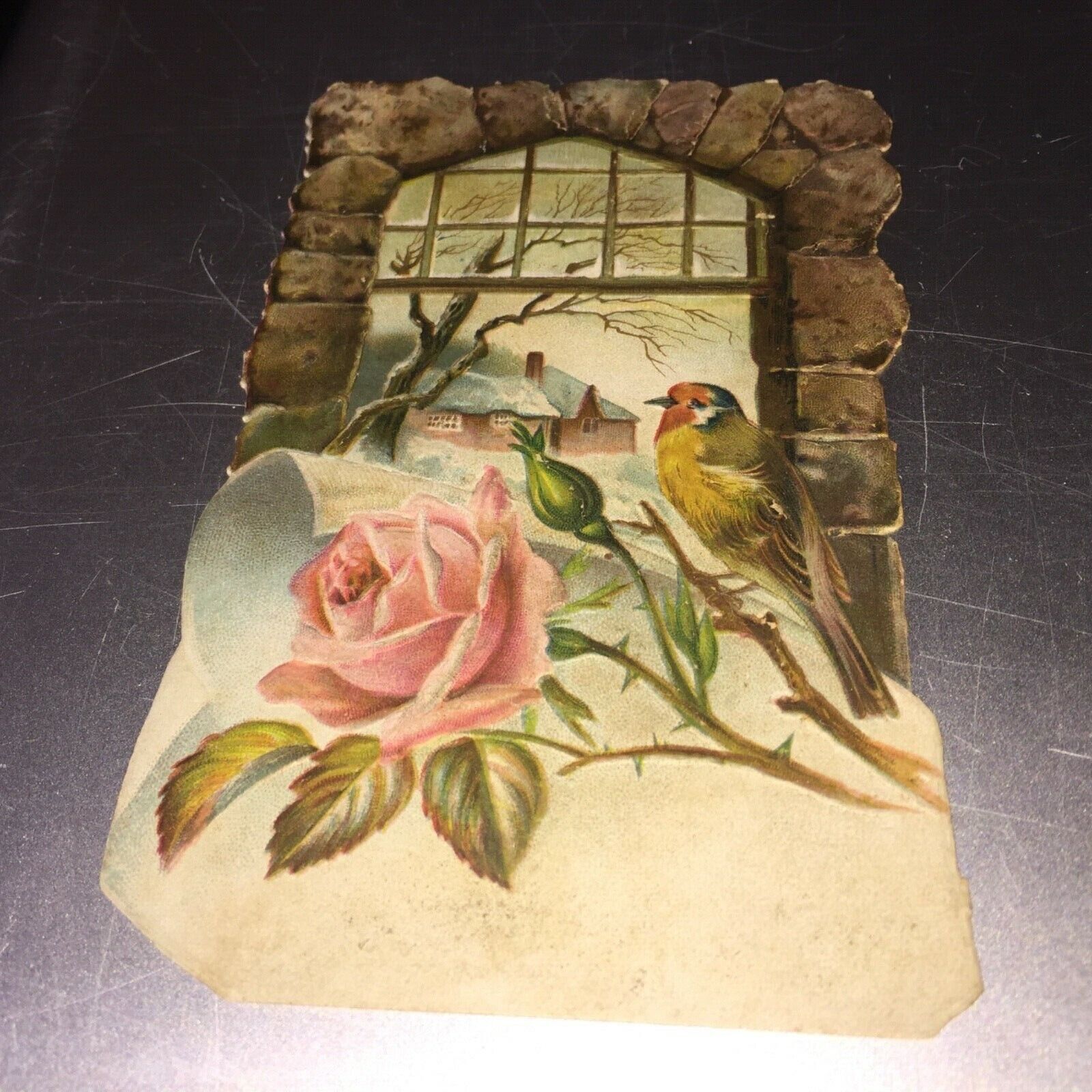 VICTORIAN HOME WITH A BIRD LOOKING OUT A WINDOW BY A PINK FLOWER CARD