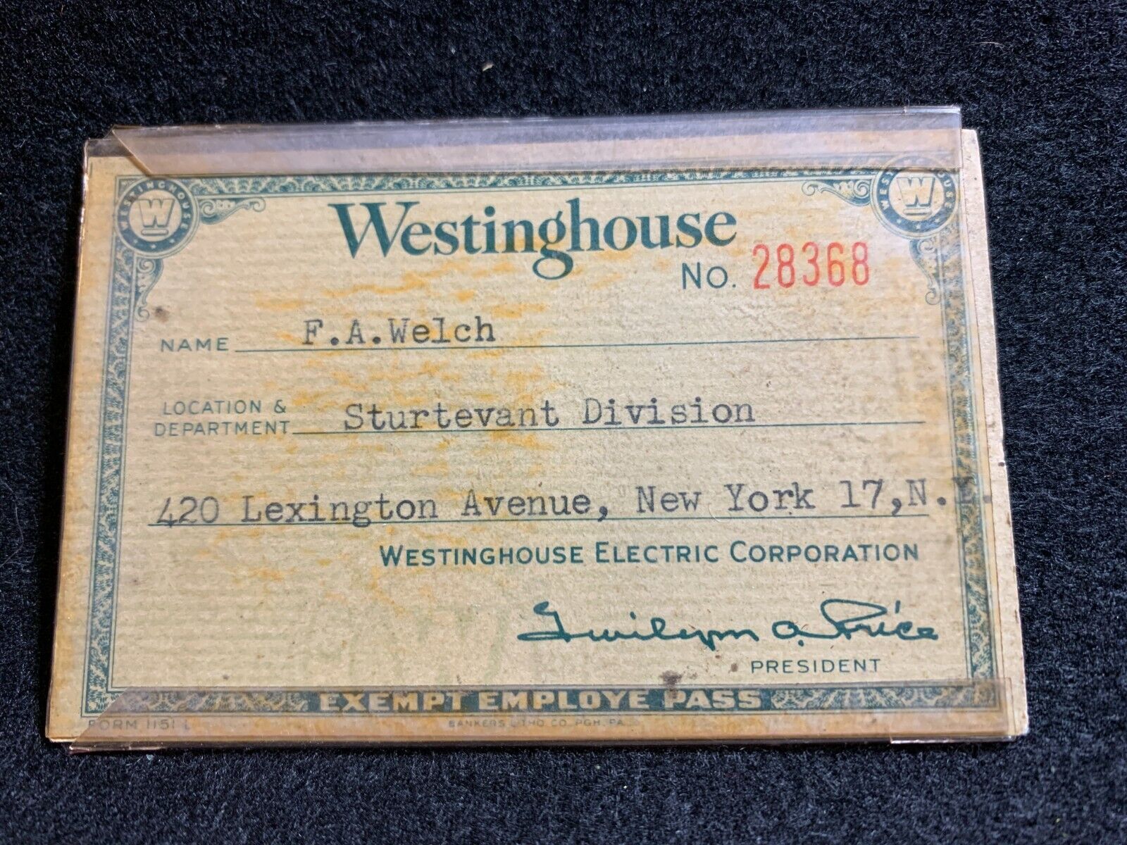 Vintage Westinghouse Electric Sturtevant Division New York Employee Pass