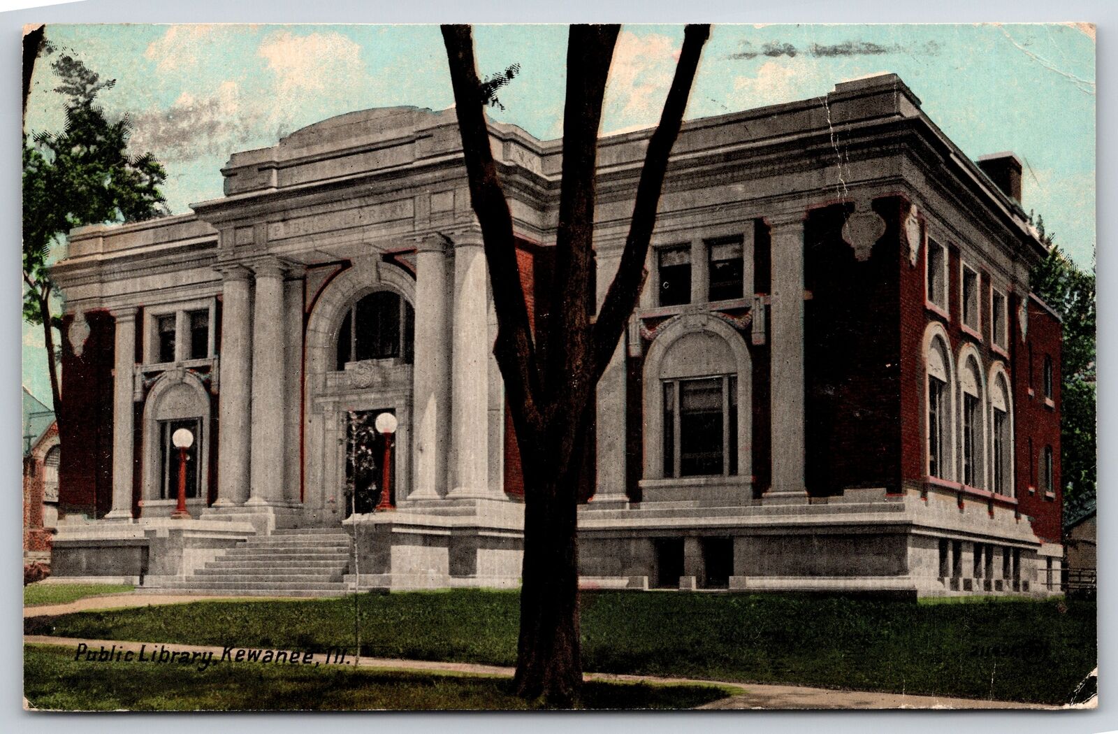 Kewanee Illinois~Public Library Street View~PM 1911~Classical Revival~Vintage PC