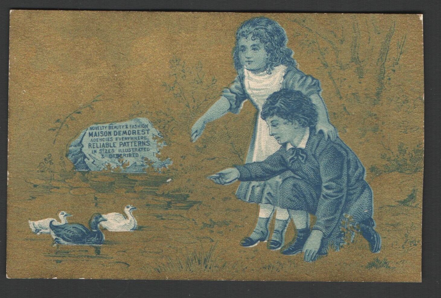 Kids Feeding Ducks Maison Demorest Reliable Patterns OLD Advertising Trade Card
