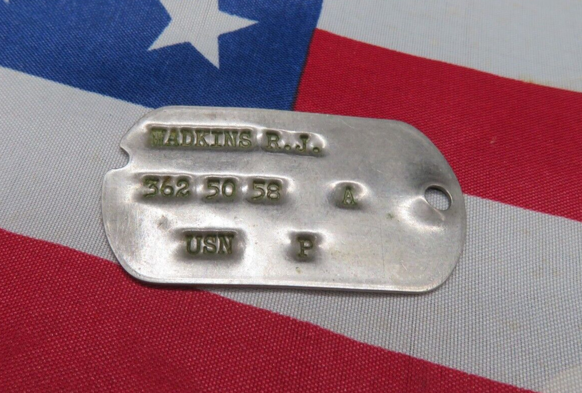 Vintage USN US Navy Military Dog Tags Stamped/ Punched Wadkins R.J.