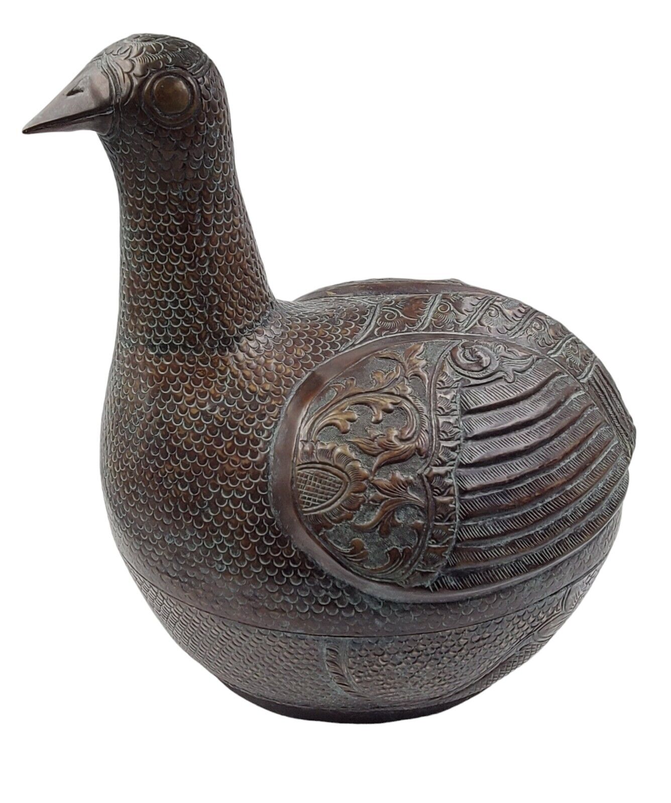 Ornate Carved Metal Brass Duck Bird Storage Container with Patina Leather Bottom