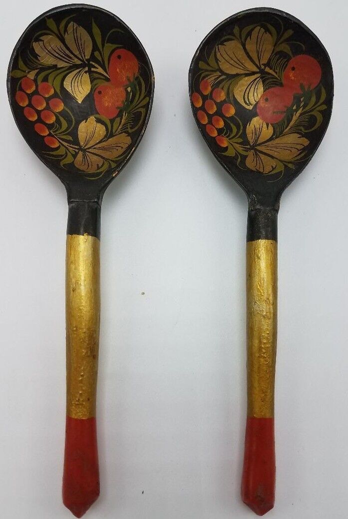 2 Vintage Hand Painted Russian Wood Lacquer Spoons Sauce Ladles. Metallic Gold