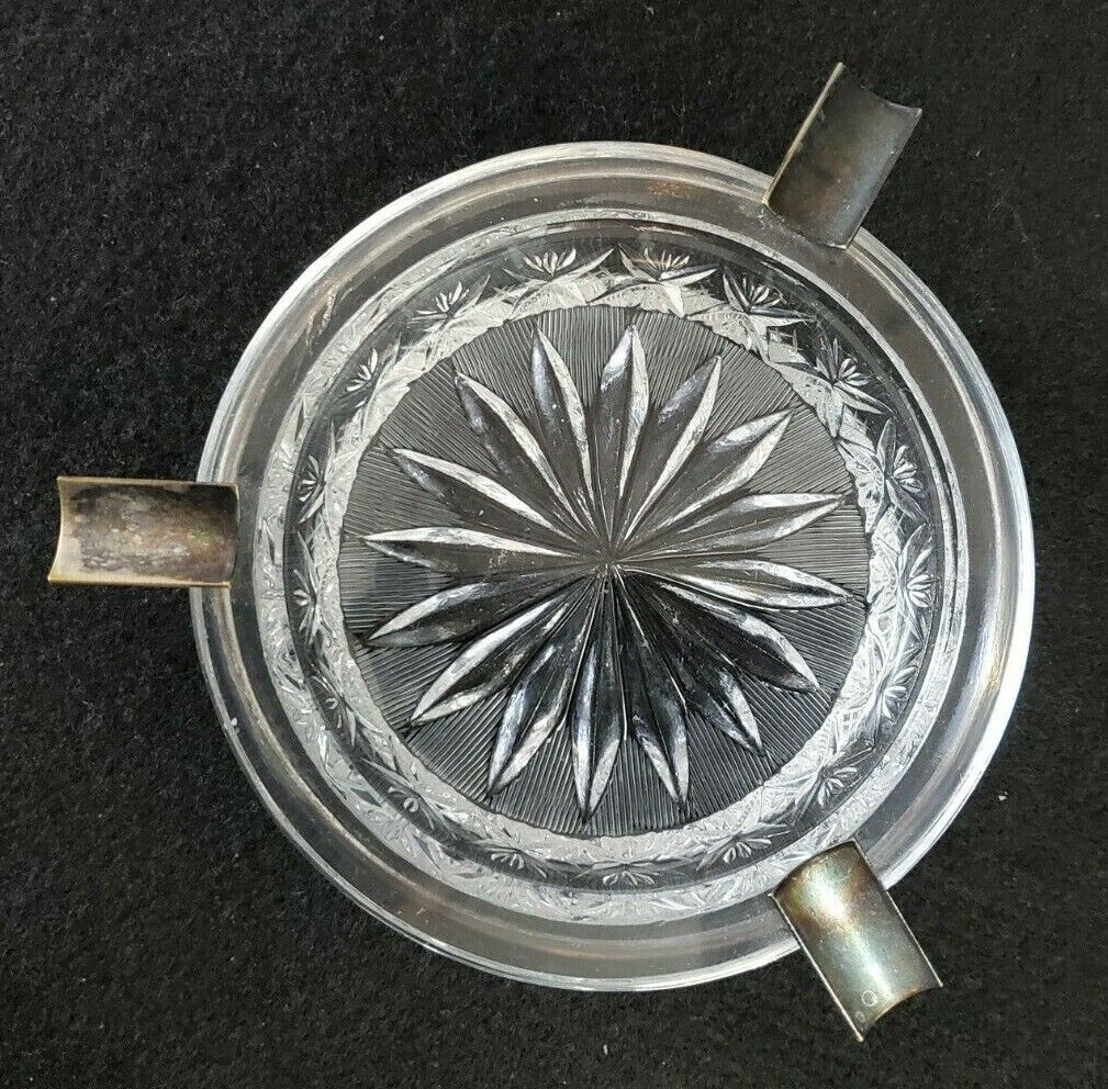 VINTAGE Pressed Glass Ashtray with Silver Plated Cigarette Rest Trim Ring