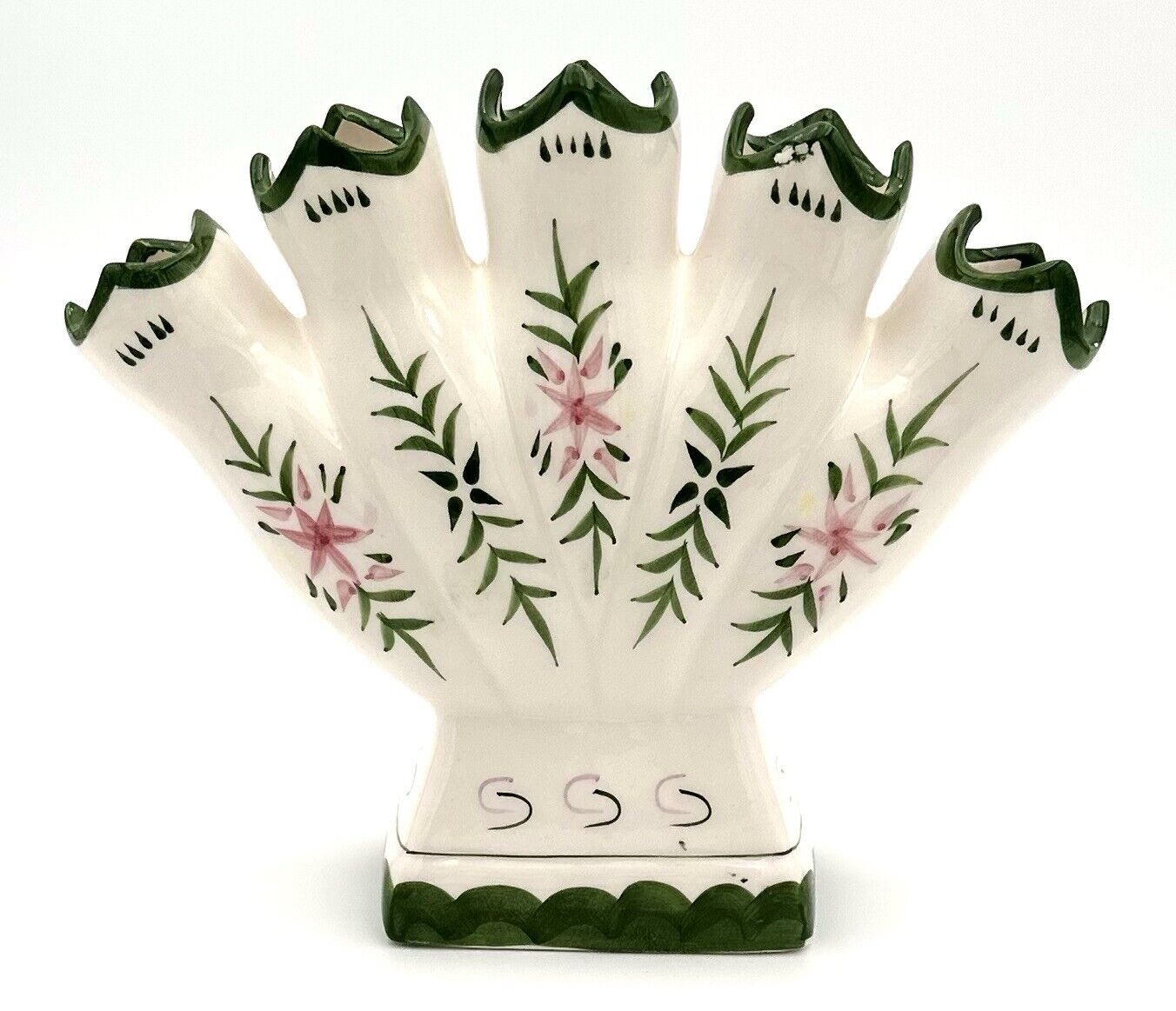 Vintage Portugal 5 Finger Tulip Vase Hand Painted White & Green