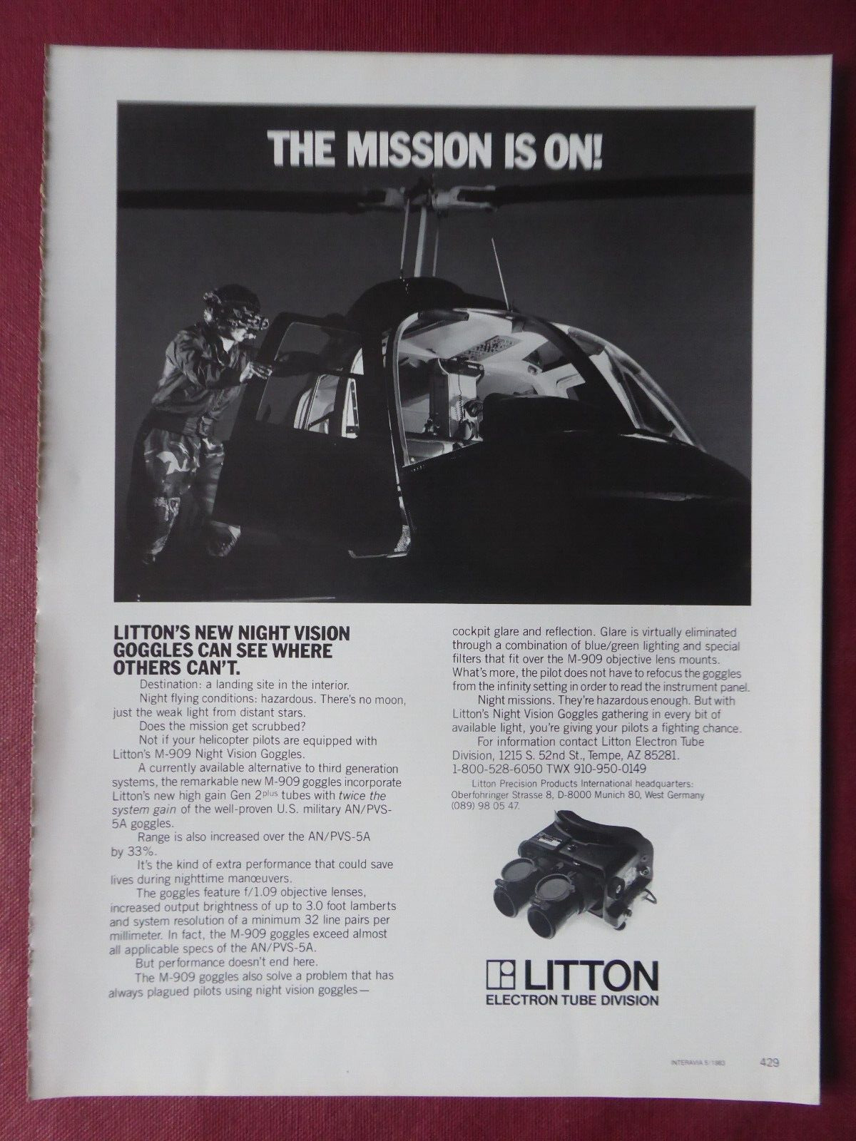 2/1983 PUB LITTON NIGHT VISION BEZEL M-909 NIGHT VISION HELICOPTER AD