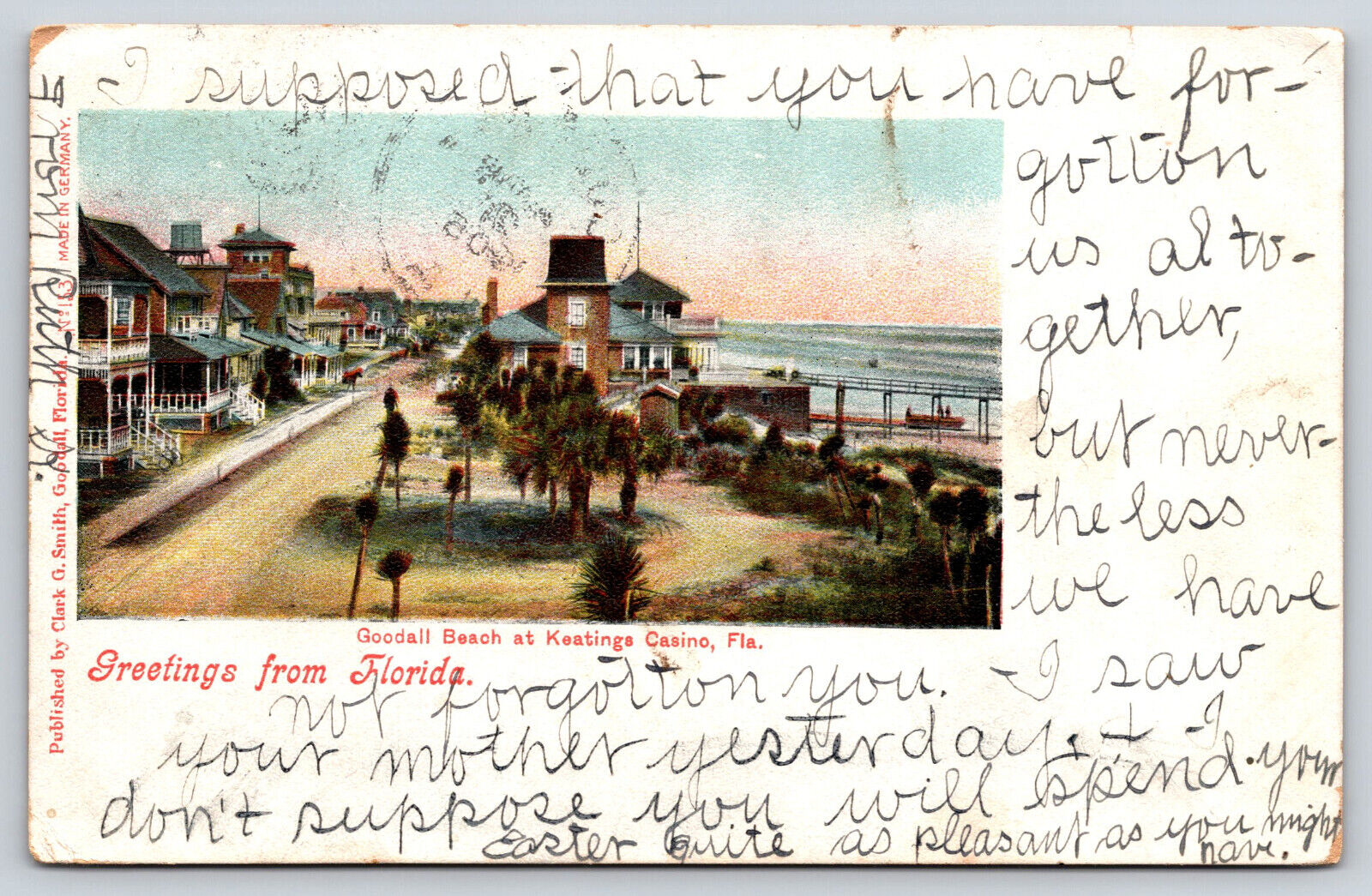 Florida, Goodall Beach At Keatings Casino, Vintage Antique 1905 Postcard Rare