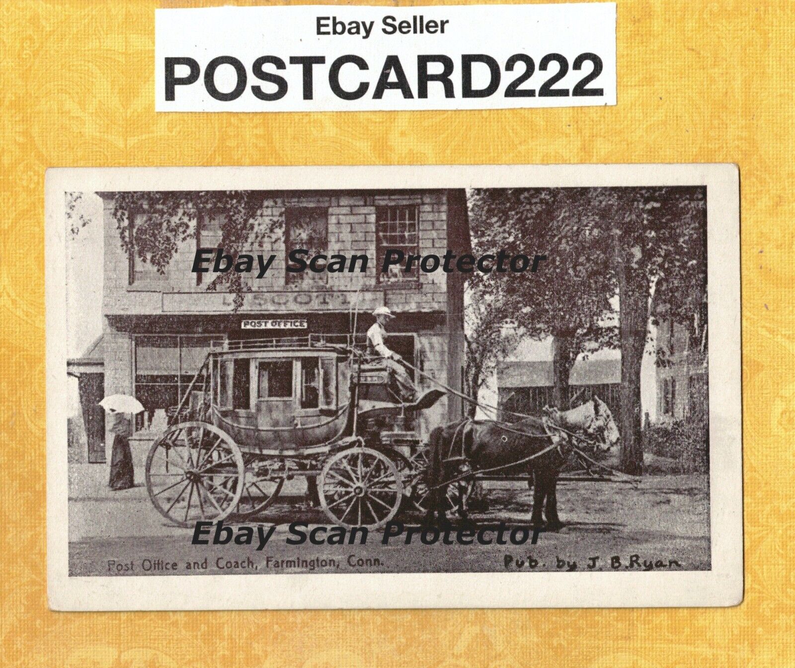 CT Farmington 1908-29 antique postcard POST OFFICE AND STAGE COACH CONN