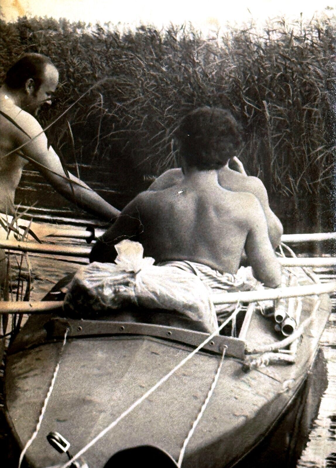 1960s Vintage Photo Kayaking Shirtless Affectionate Men Friends Gay int Snapshot