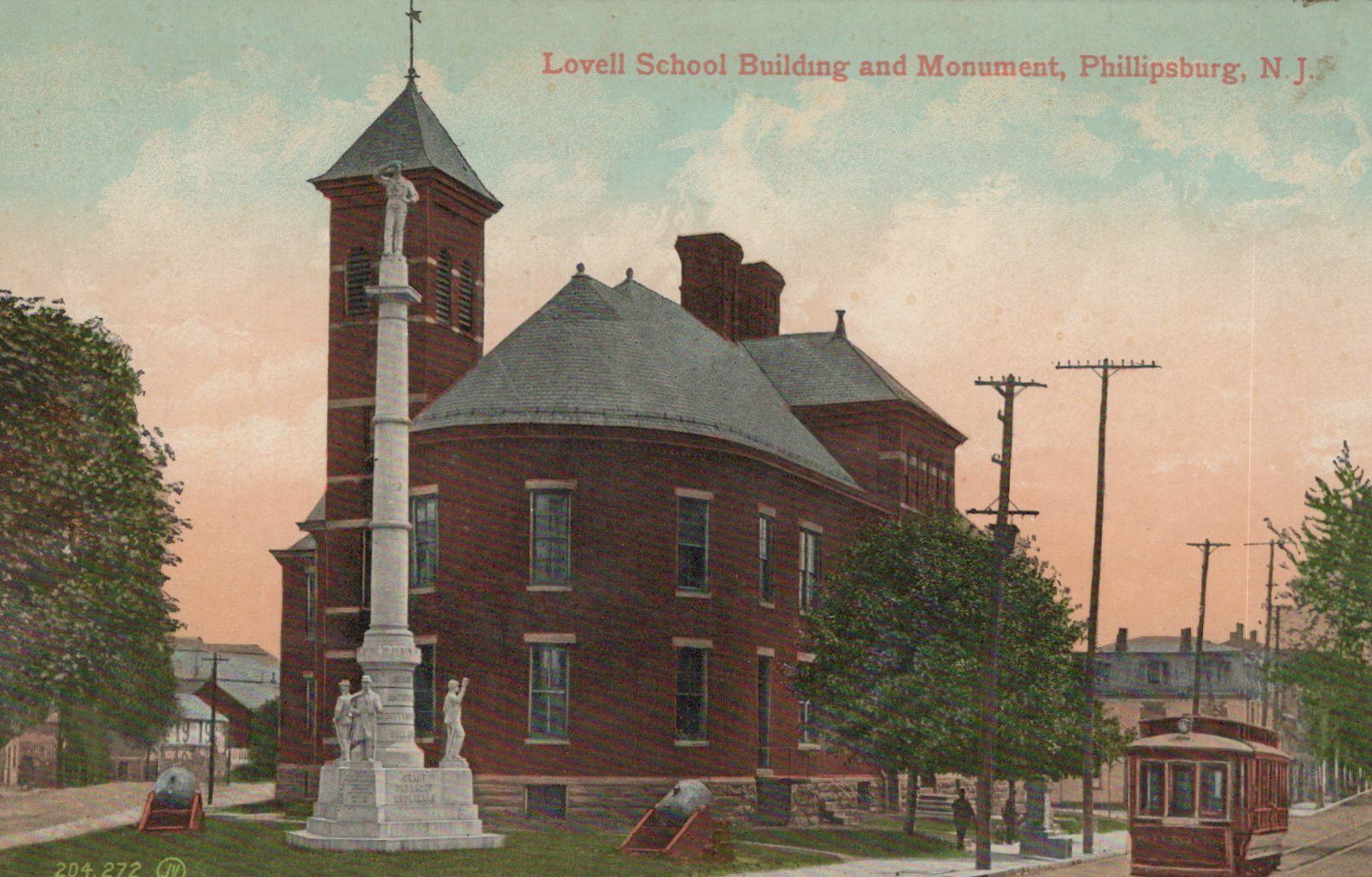 Postcard Lovell School Building and Monument Phillipsburg NJ 1908