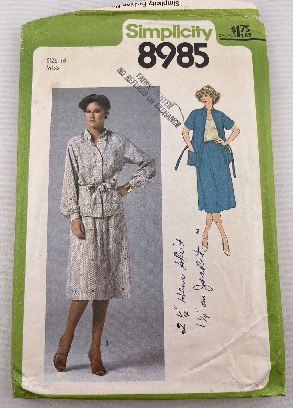 Simplicity 8985 Size 16 Miss Misses Two Piece Dress and Tie Belt Vintage 1979