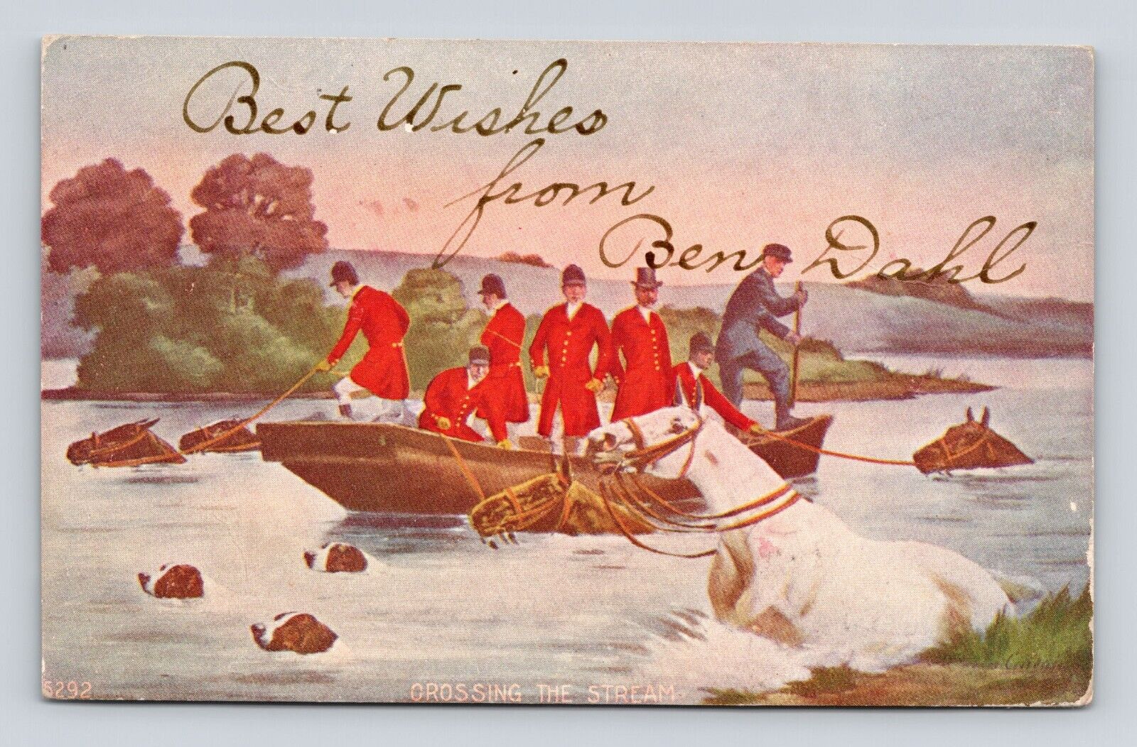Antique Postcard Best Wishes Crossing River Horses Boat Red Coats Bangor ME 1909