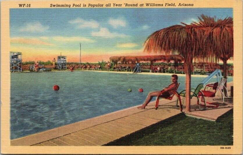 1943 WILLIAMS FIELD Air Force Base Arizona Postcard Swimming Pool Scene Linen