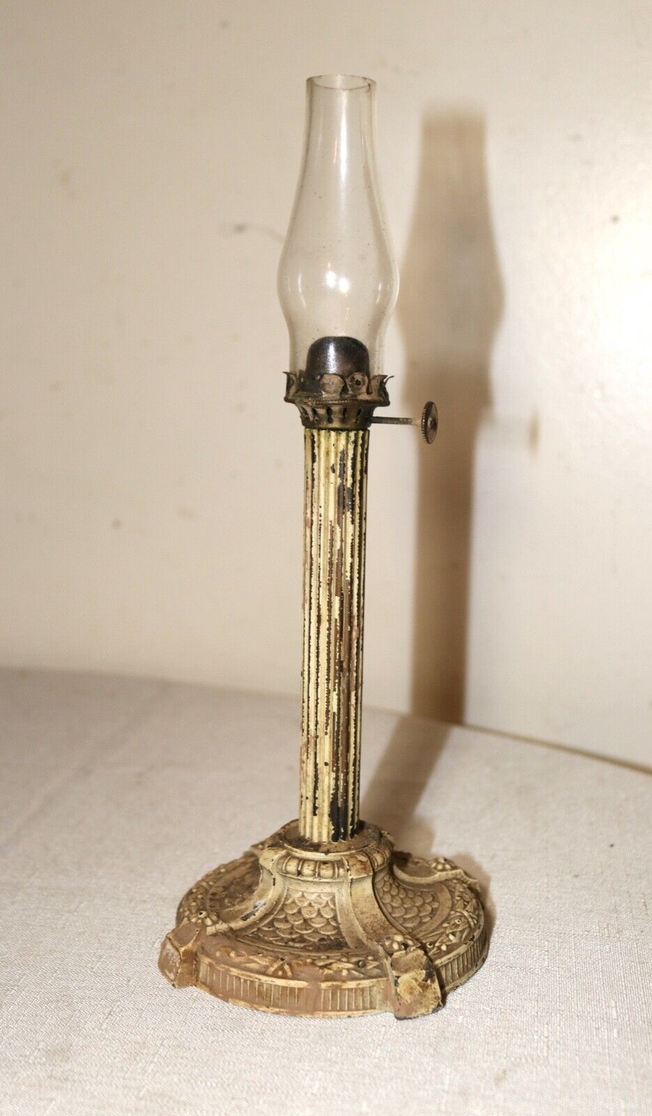 rare miniature antique ornate cold painted metal glass oil stick table lamp