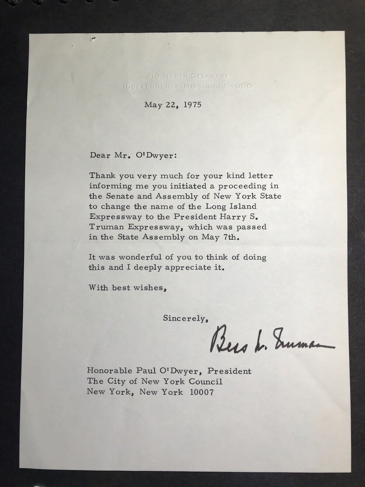 Signed Letter By Former First Lady Mrs. Bess Truman 5/22/1975 Must See Pics.