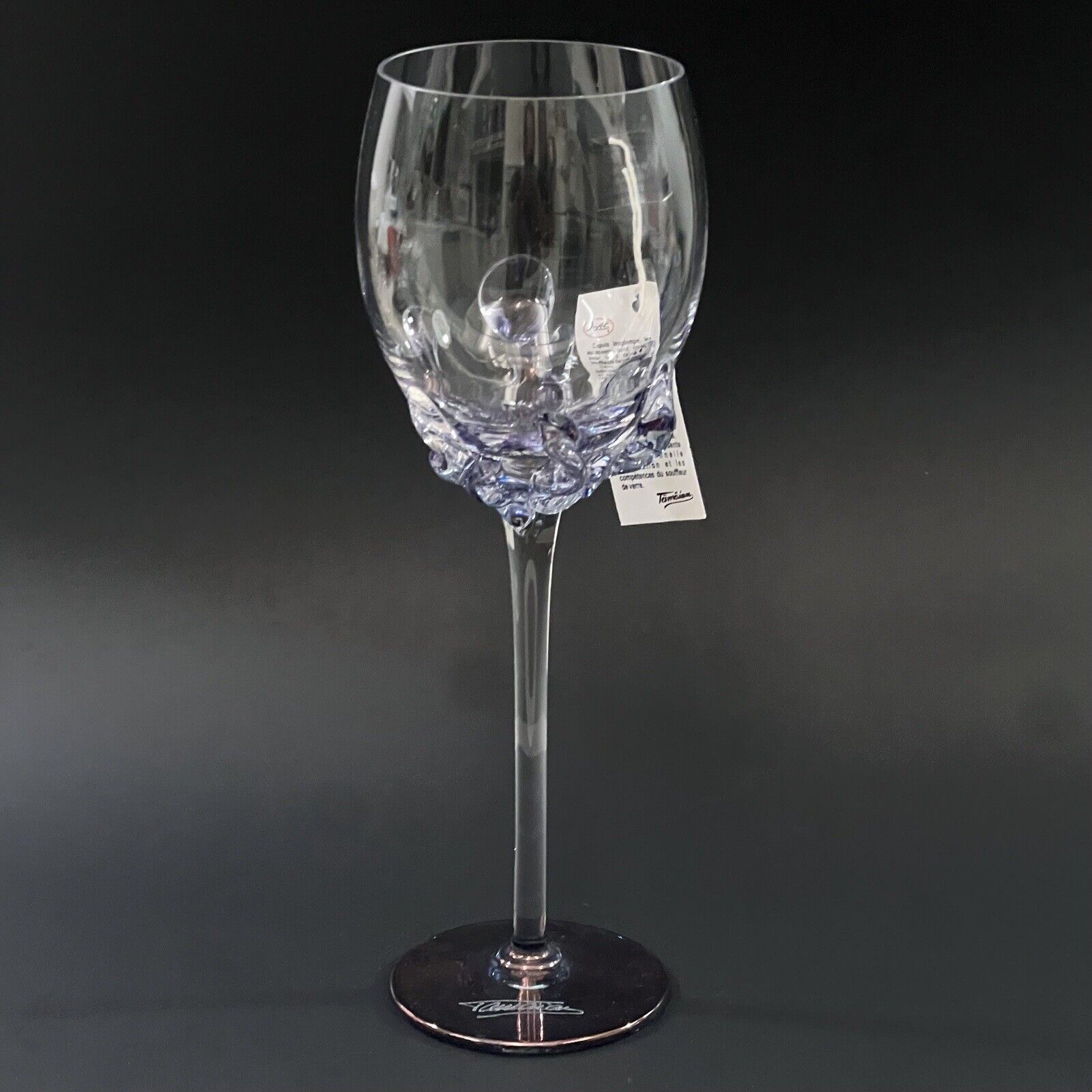 NEW Ion TAMAIAN Art Glass Wine Glass Clear Lavender Applied Art Glass 10 1/8\