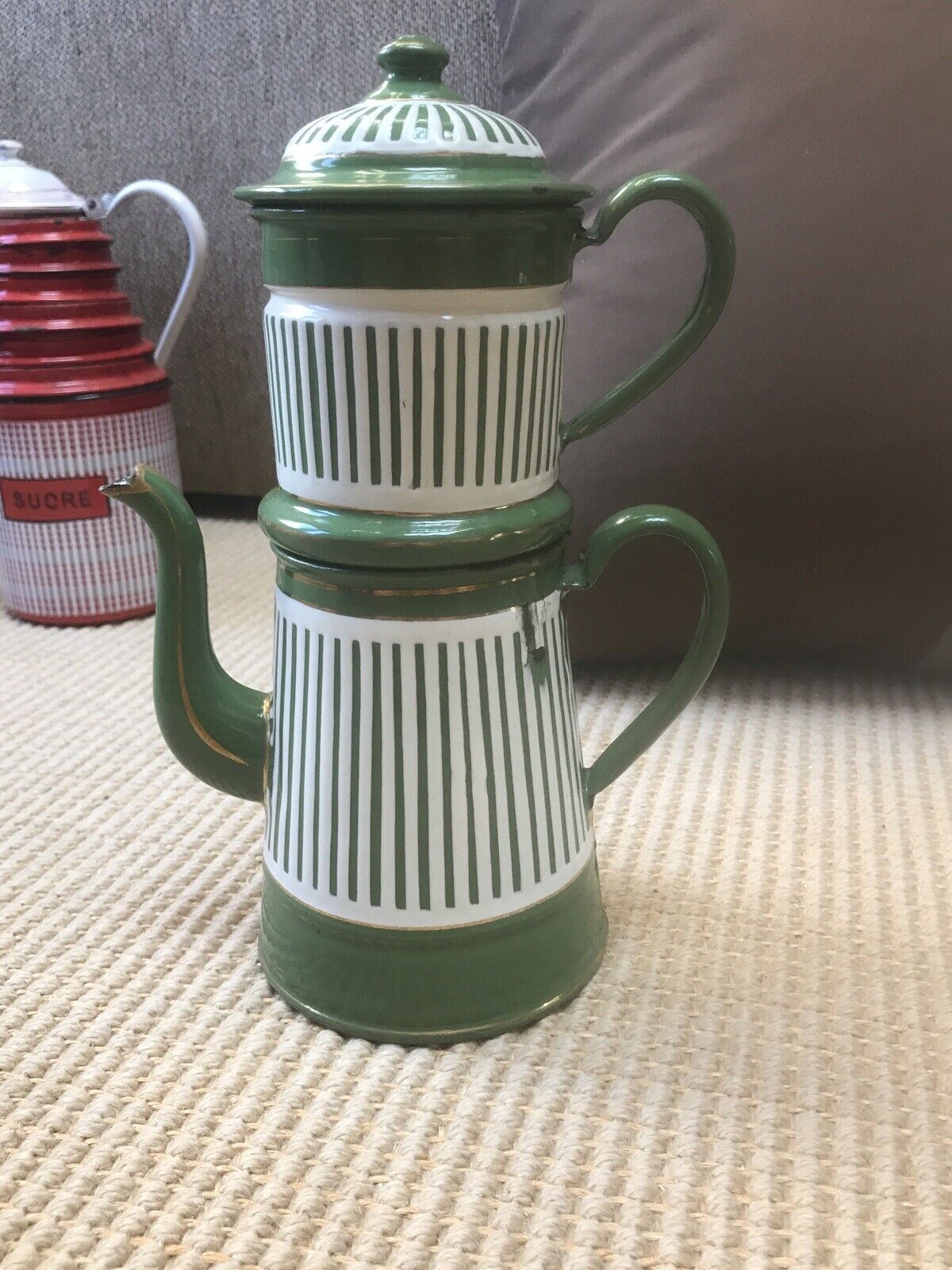 HUNTER FRENCH GREEN BIGGIN CAFETIERE.  TWO HANDLES.