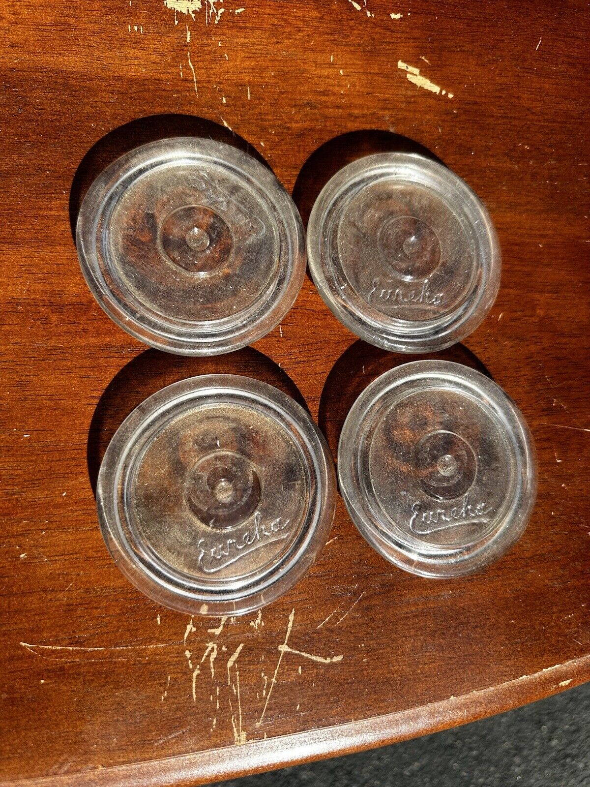 Antique Rare Eureka Glass Canning Lids Lot Of (4)