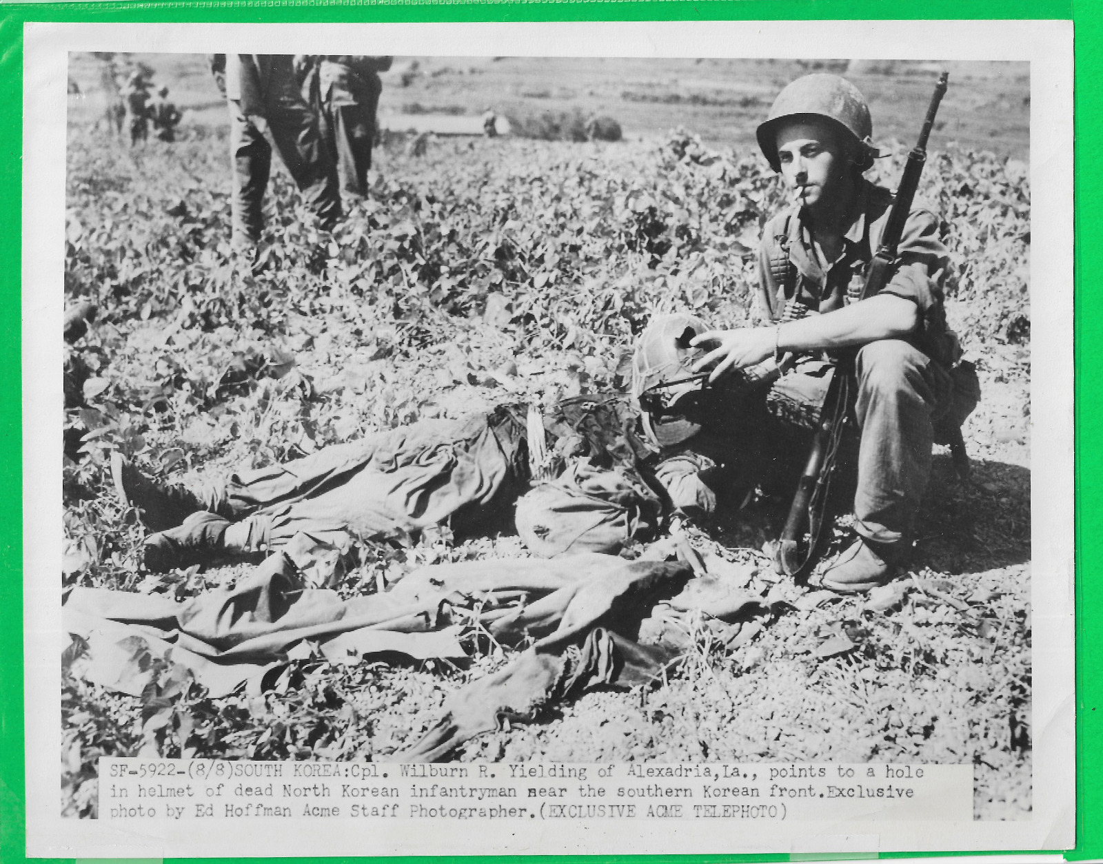 Korean War Wire Photo Dead N. Korean W Bullet Hole in Helmut (Ace Telephoto)