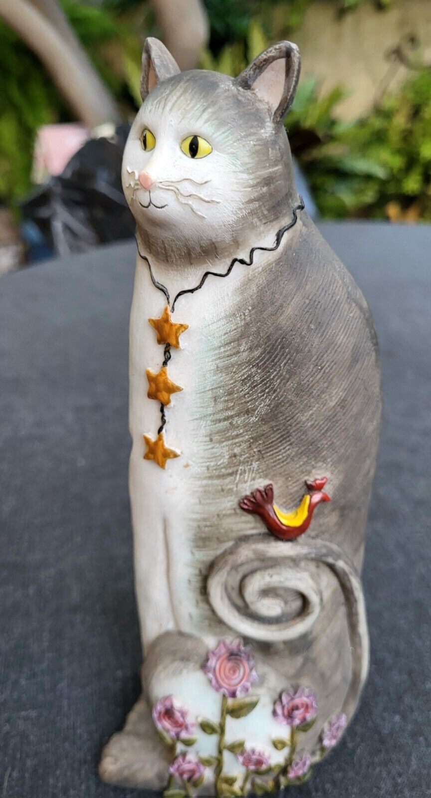 Whimsical CAT Grey White With Flowers Stars And Birds 9”Tall Resin Unmarked Mint