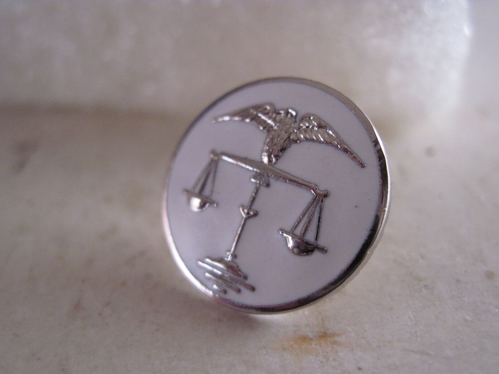 Scales of Justice   logo  lapel pin    white silvertone
