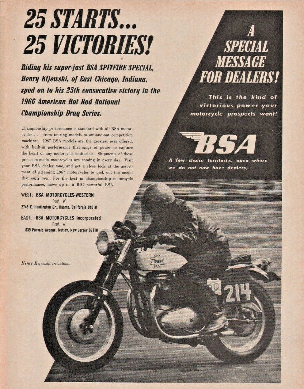 1966 BSA Spitfire Special Henry Kijewski East Chicago IN - Vintage Motorcycle Ad