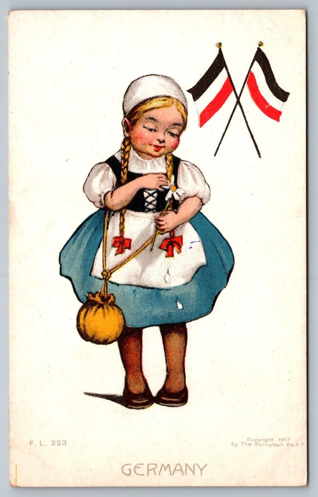 Postcard Germany Young Girl Model 1907 Flags Dress Rotograph Co Advertising Art
