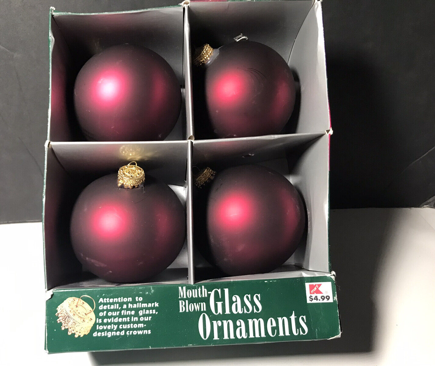 Set of 4 Kmart Mouth Blown Glass Ball Ornaments From Guatemala Burgundy Opulence