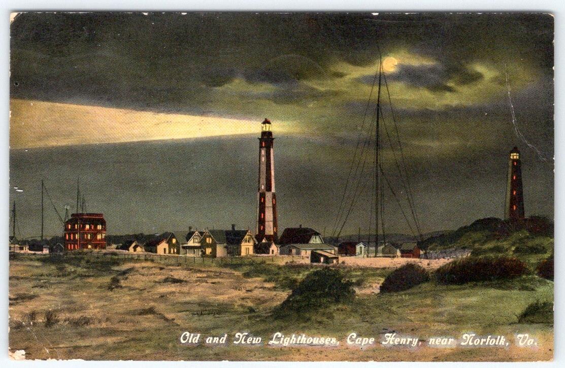 1911 OLD & NEW LIGHTHOUSES AT NIGHT CAPE HENRY NEAR NORFOLK VIRGINIA VA POSTCARD