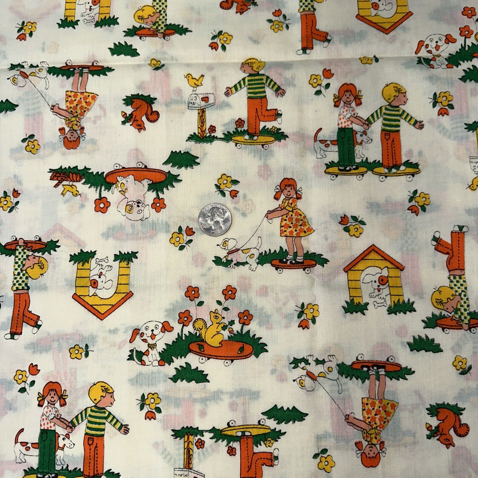 Vintage Dogs Skateboard Cotton Fabric   ORANGE GREEN YELLOW  Kids Print 1 3/4 yd