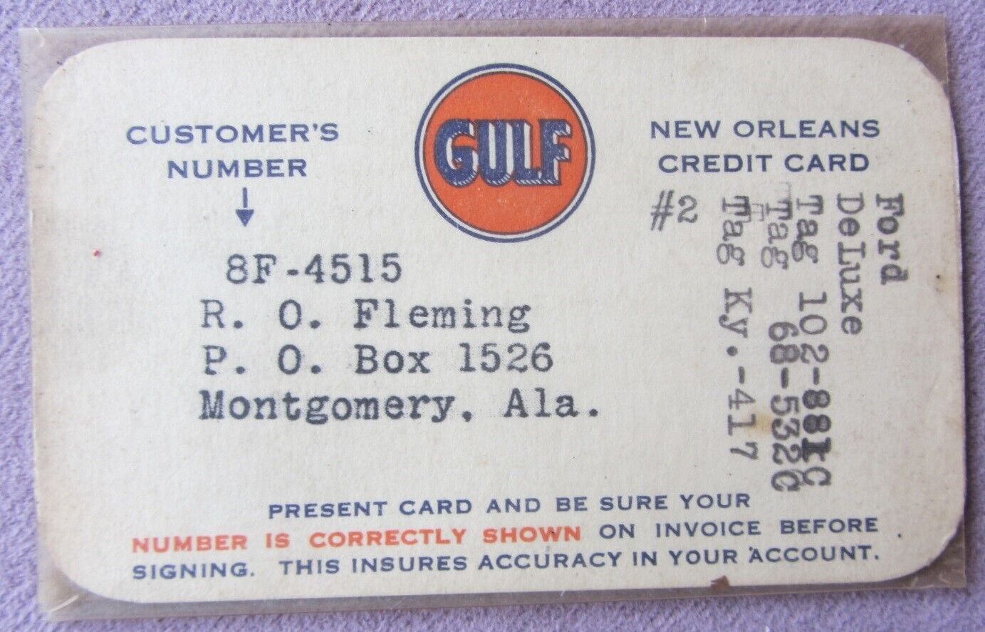 Vintage c1939 GULF Gas Credit Card New Orleans Gulf Oil Corporation