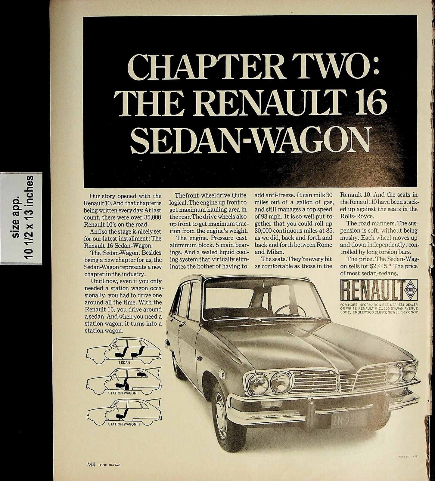1968 Chapter Two Renault Sedan-Wagon Vintage Print Ad 5218