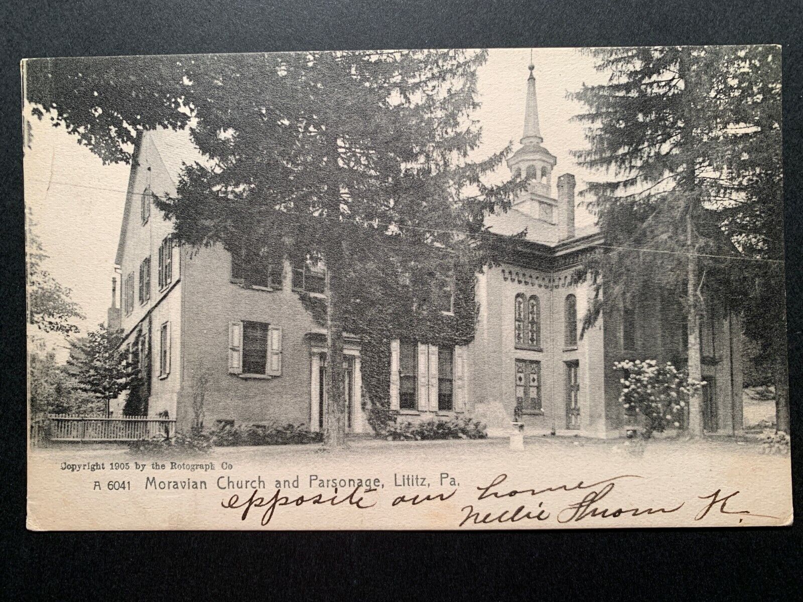 Postcard Lititz PA - c1900s Moravian Church and Parsonage