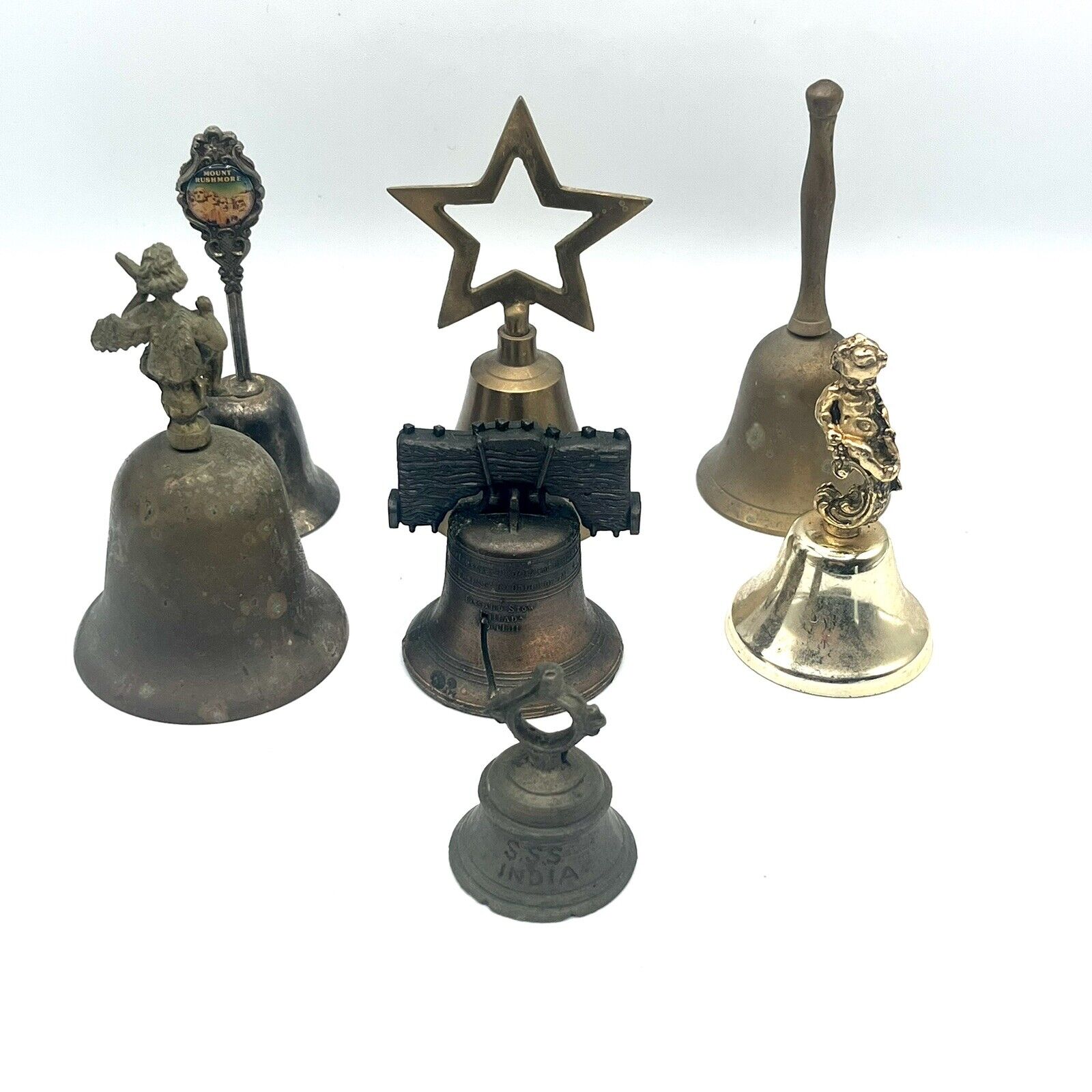 Lot of Vintage Brass Bells Souvenirs Cherub Star SSS India Rushmore Liberty Bell