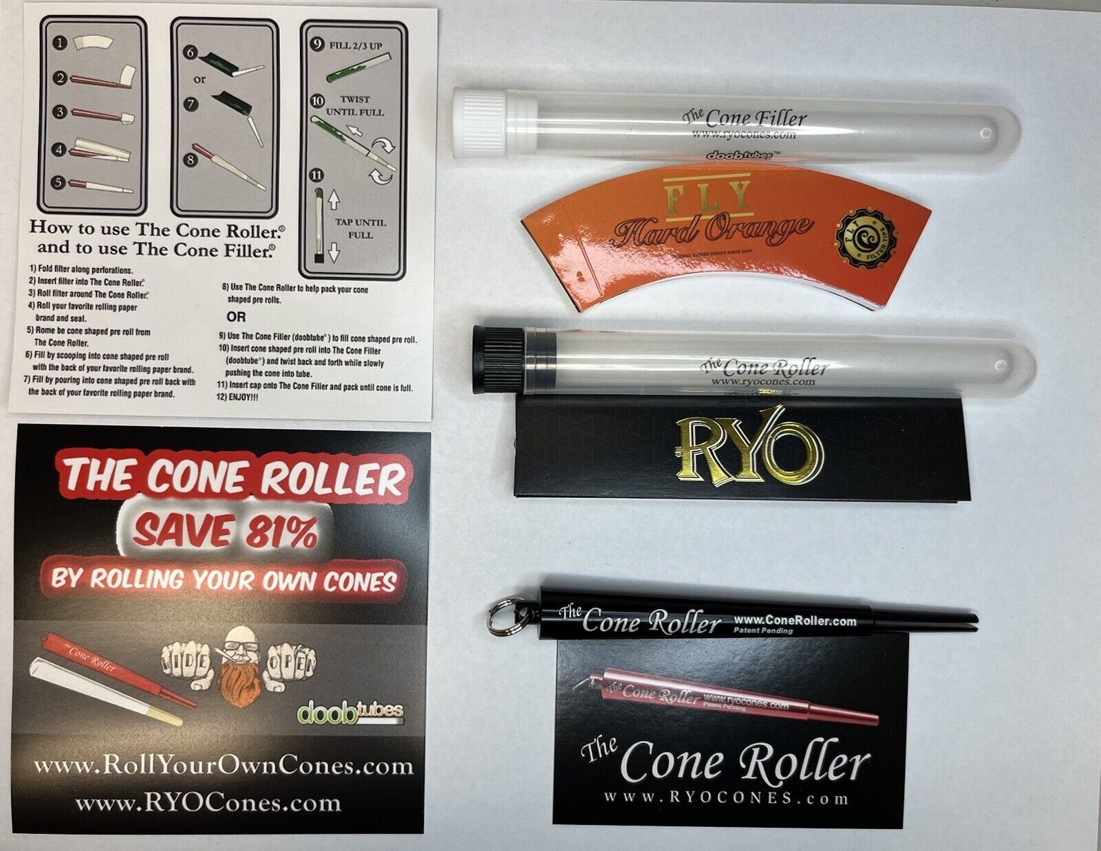 The Cone Roller With Rolling Papers, Filters, Doobtubes, Cone Filler. Black