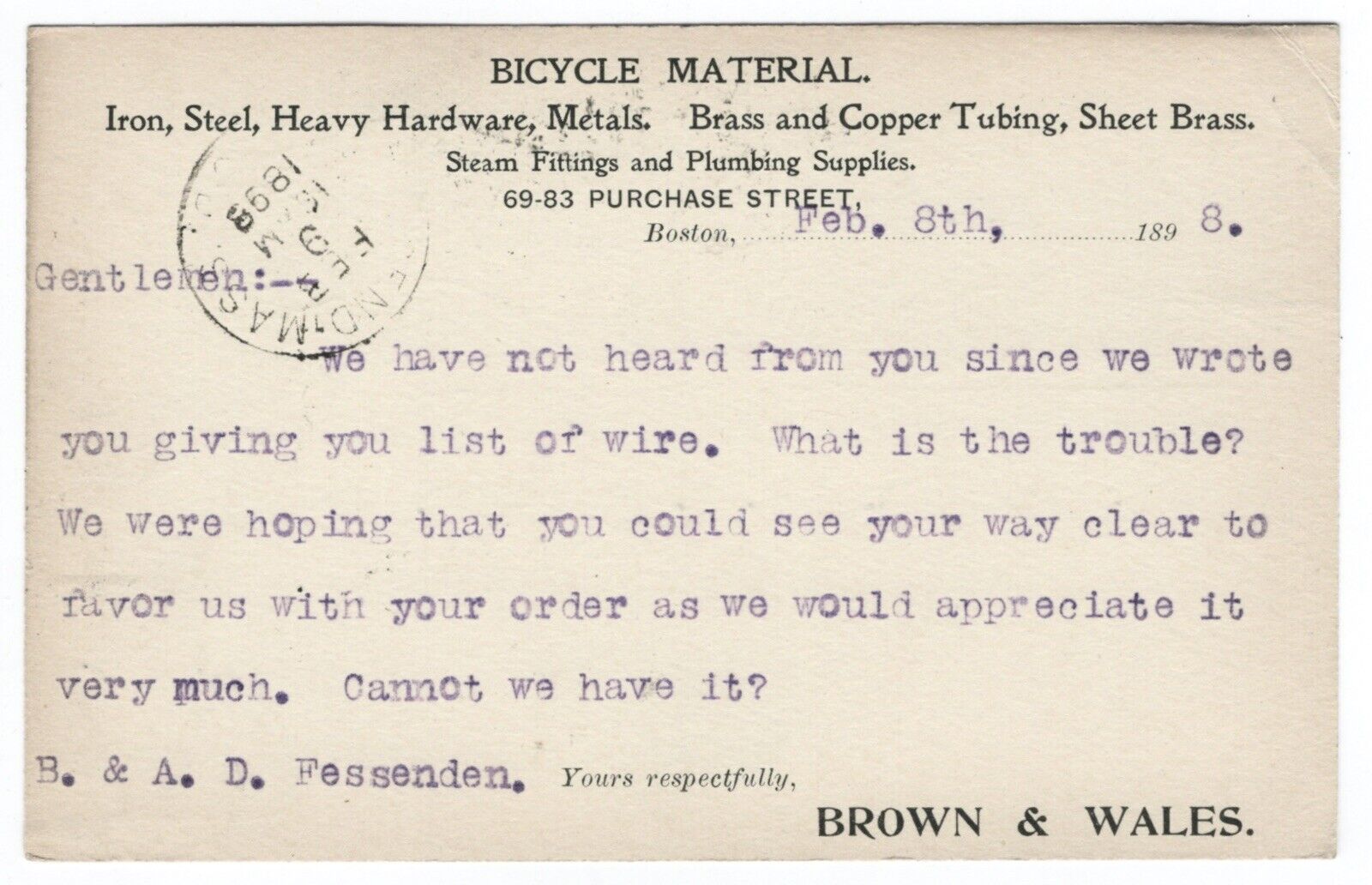 1898 POSTCARD TRADE CARD BROWN & WALES BICYCLE MATERIAL HARDWARE STEAM FITTINGS