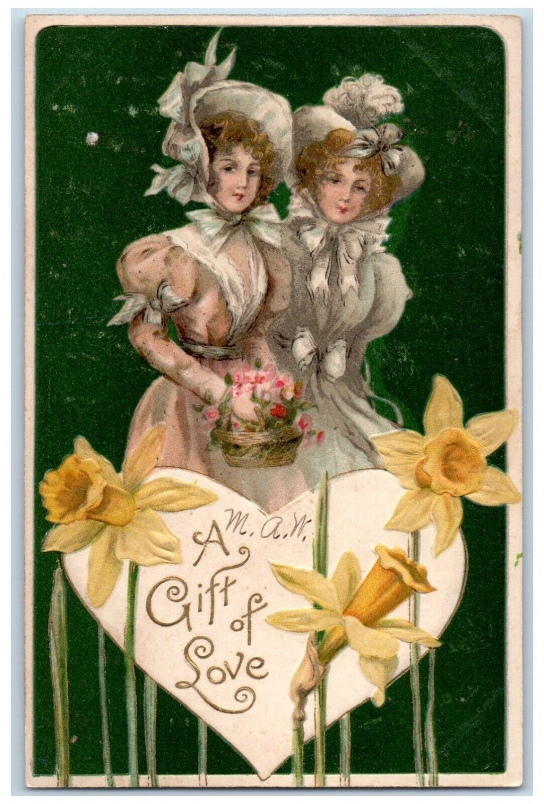 1907 Valentine Gift Of Love Pretty Woman Flowers Nash Embossed Antique Postcard