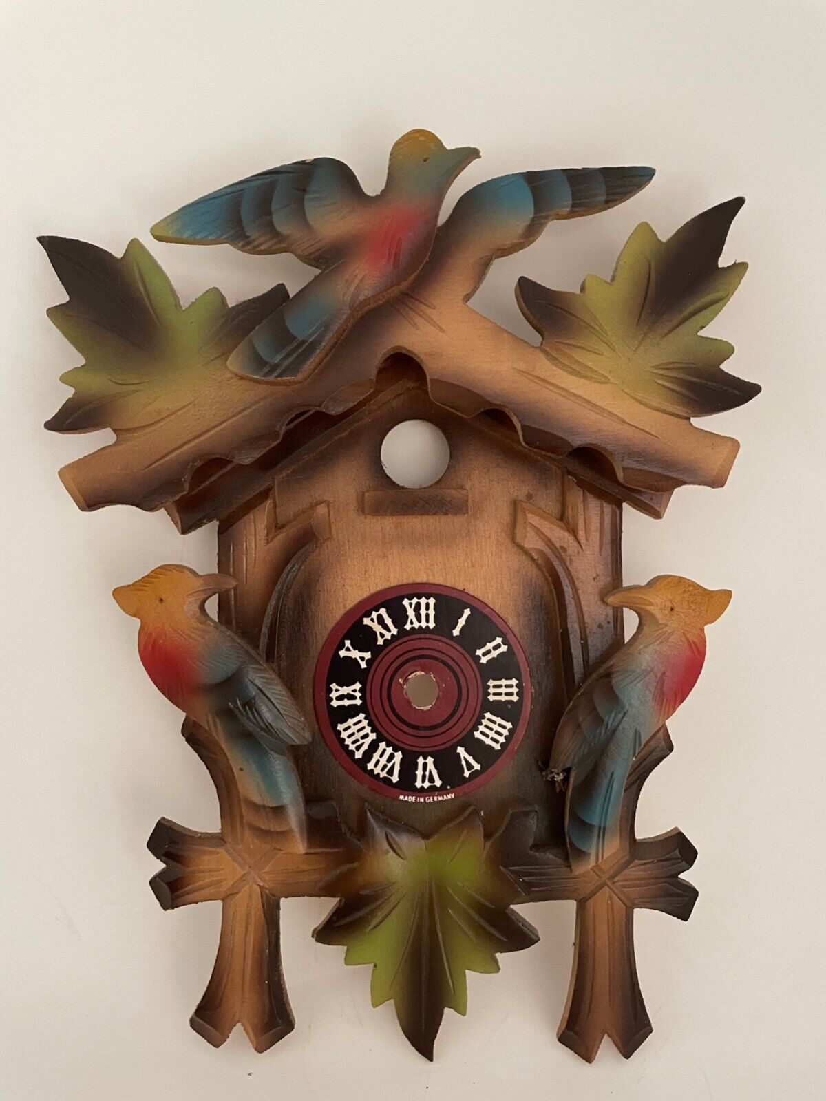 Vtg Cuckoo Clock Face Front Colorful birds leaves Wood Replacement Repair 9\