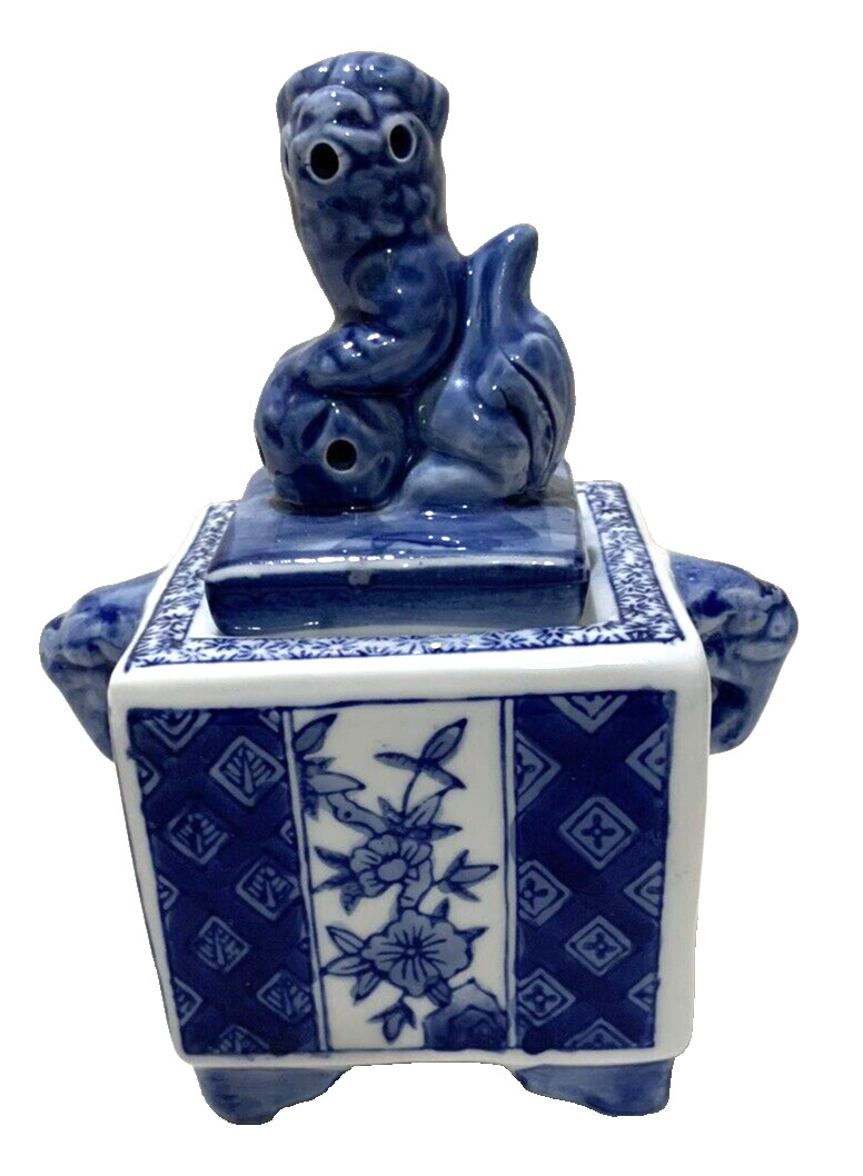 Vintage Delft Blue & White Foo Dog Incense Burner