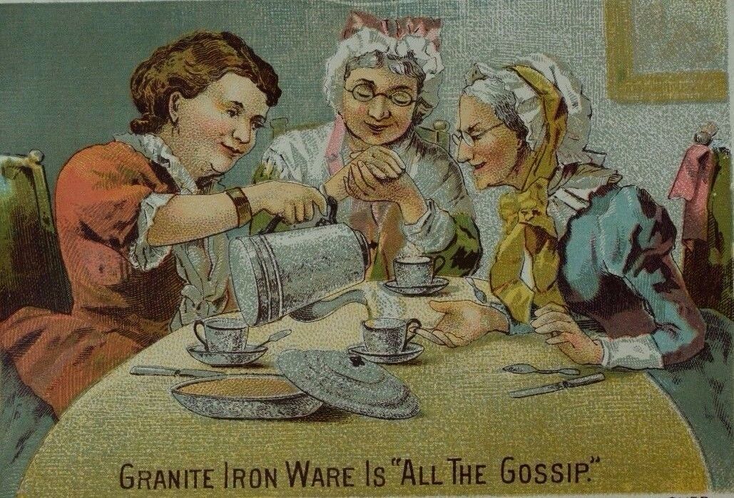 1870\'s-80\'s Granite Iron Ware Old Ladies Gossiping Over Tea F97