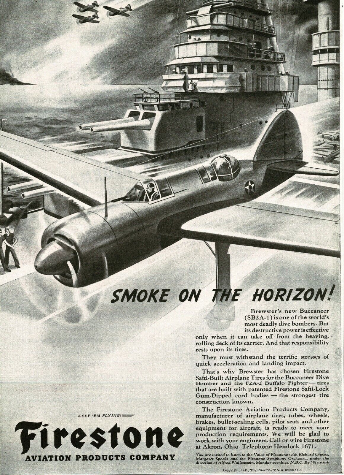 1942 FIRESTONE Aviation Tires WWII Brewster Buccaneer 2B2A art Vintage Print Ad