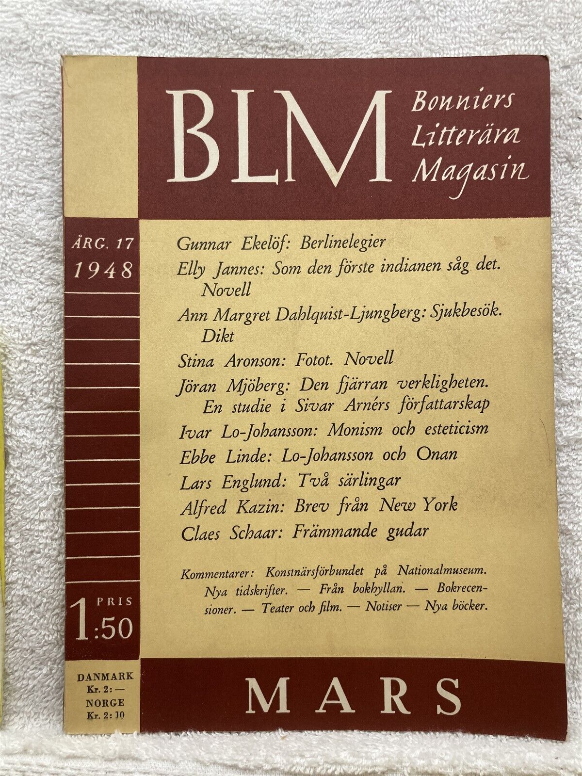 1948 March Bonniers Literary Magazine Denmark Sweden Swedish  Vtg